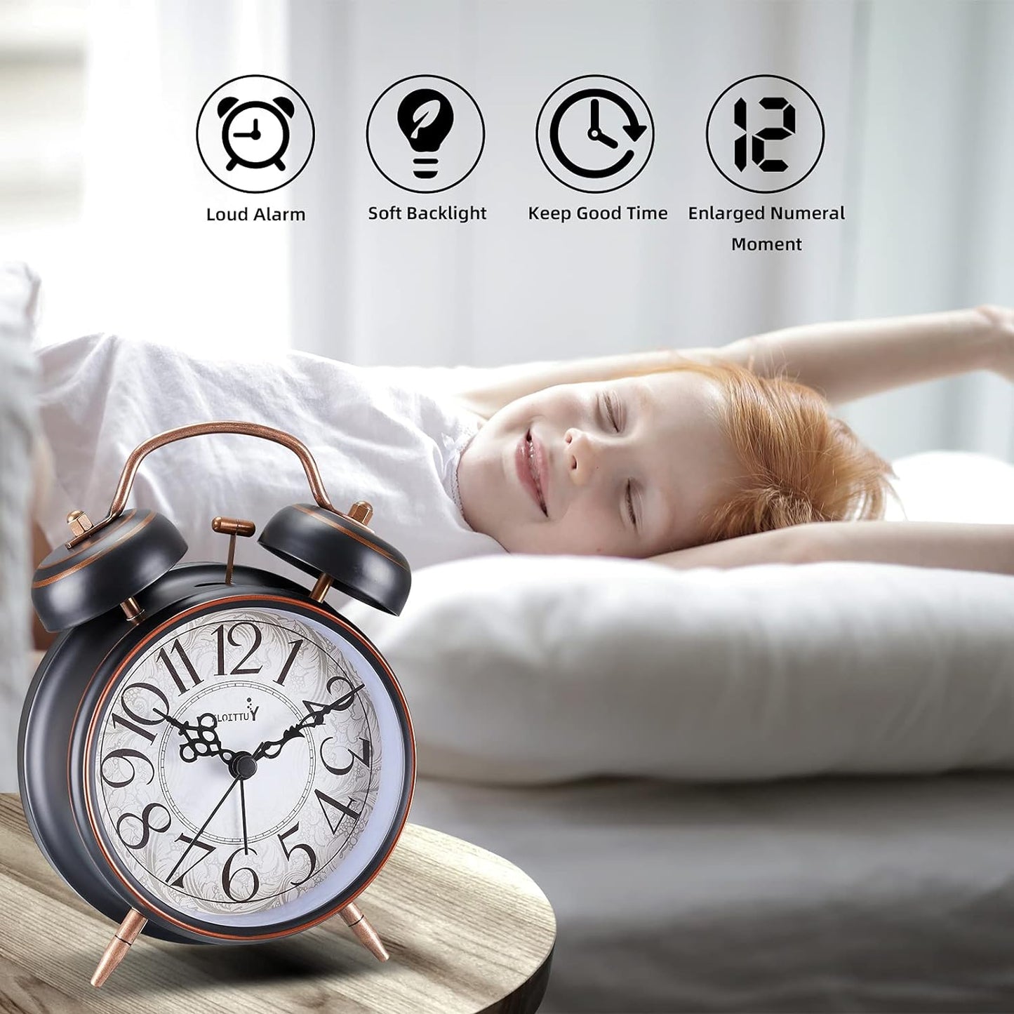 FLOITTUY Loud Alarm for Deep Sleepers 4'' Retro Twin Bell Alarm Clock with Backlight for Bedroom and Home Decoration(Retro White)