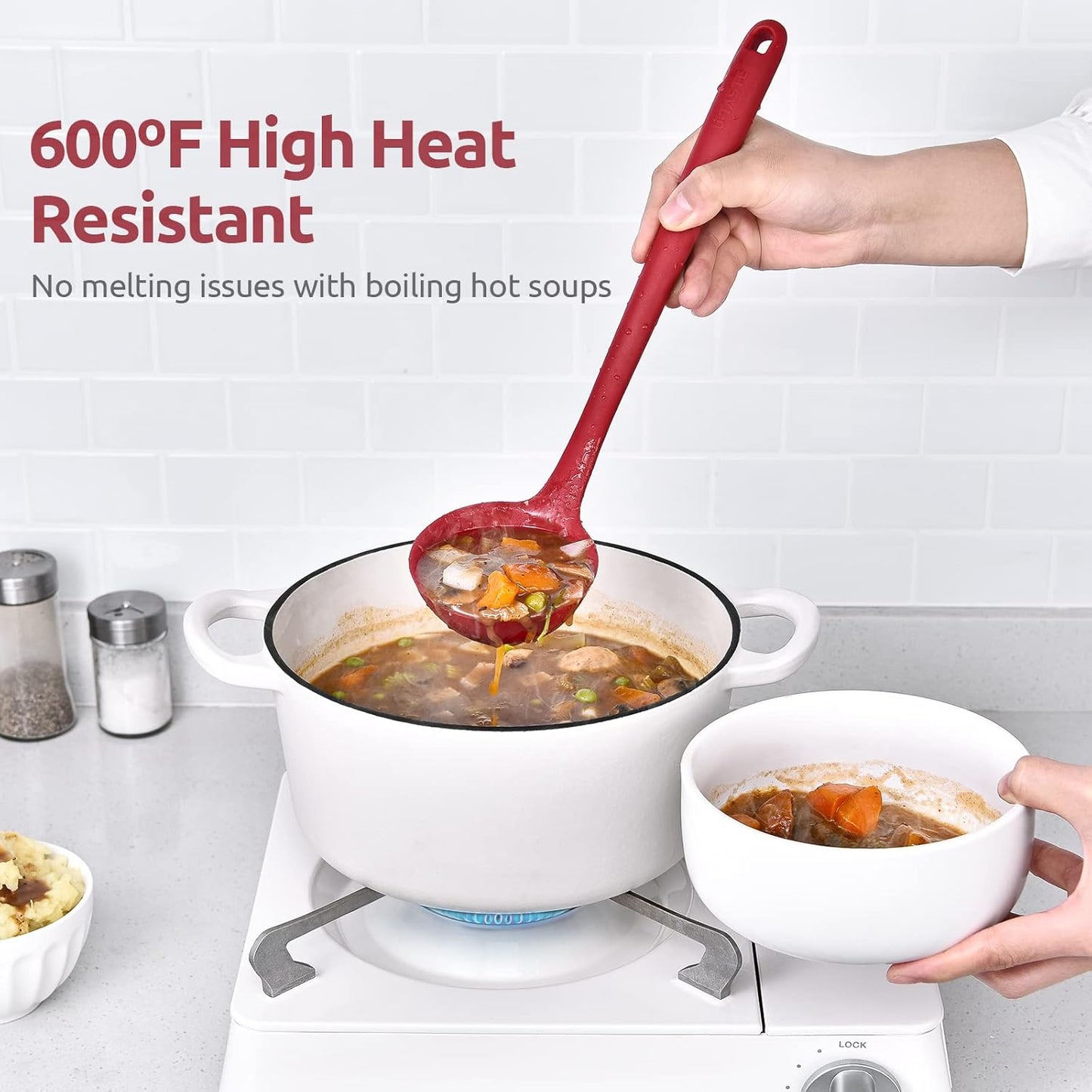 13 inch Silicone Soup Ladle: U-Taste 600ºF Heat Resistant 4 oz Large Non-Stick Seamless Rubber Kitchen Deep Serving Spoon with Non-Slip Solid Long Handle for Cooking Sauce/Stews/Gravies/Chili(Purple)