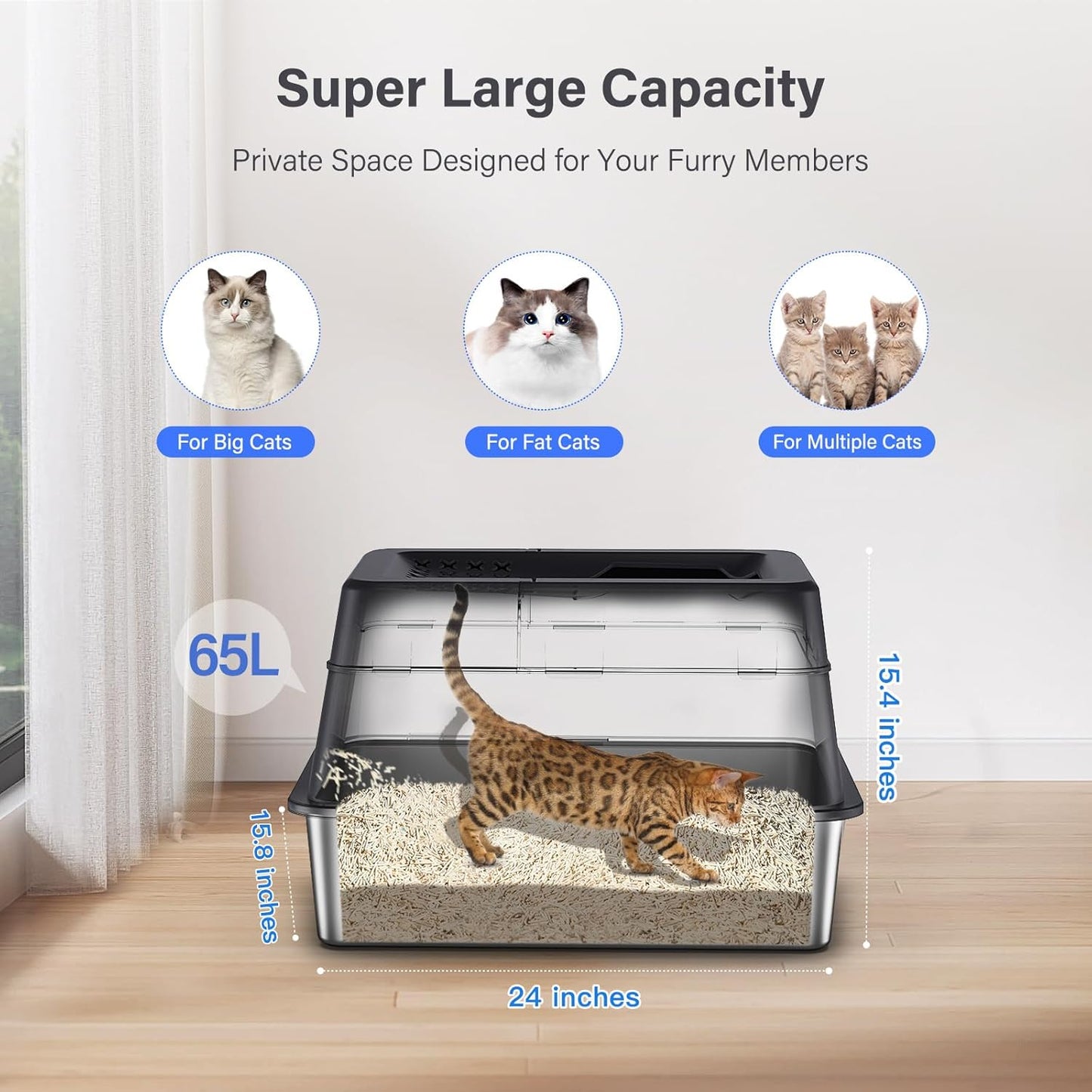 Stainless Steel Litter Box with Lid, XL Extra Large Enclosed Cat Litter Box for Big Cats 110° Flip Cover, Top Entry Metal High Sided Litter Box & Pedal & Scoop, Anti-Leakage (Grey)