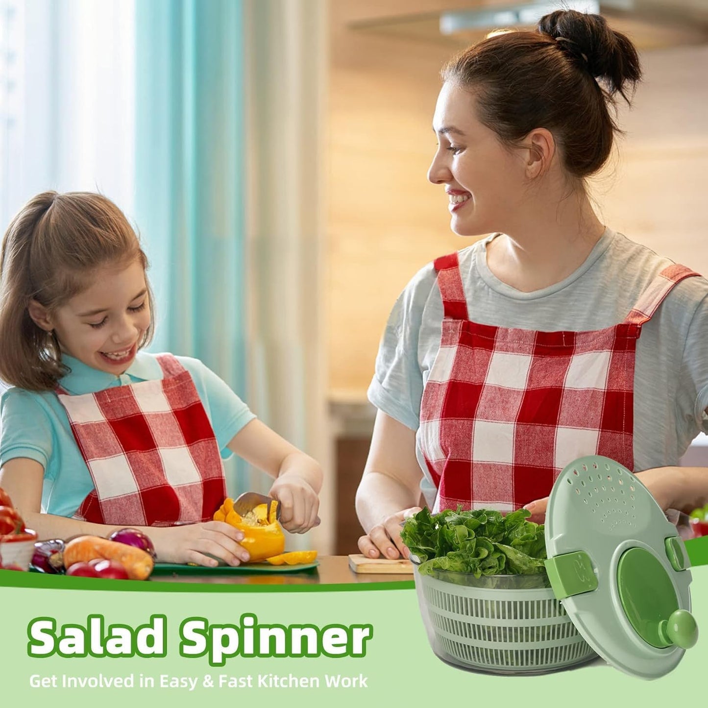 Salad Spinner- Green Salad Spinner Large- 4.2L Lettuce Spinner for Vegetable Washing, Lettuce Dryer with Drain, Bowl, Colander