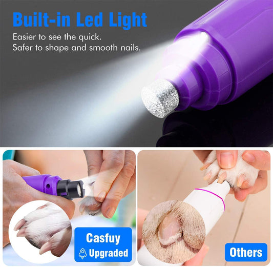 Casfuy Dog Nail Grinder with LED Light - Upgraded 2-Speed Electric Pet Nail Trimmer Powerful Painless Paws Grooming & Smoothing for Small Medium Large Dogs & Cats (Purple) - PuriLite