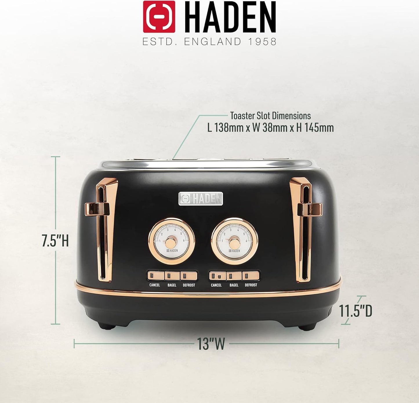 Haden Dorset 75083 Stainless Steel 1500W Retro Toaster 4 Slice Wide Slot w/Removable Crumb Tray and Settings, Black/Copper Toasters w/Adjustable Browning Control, Smart Toaster