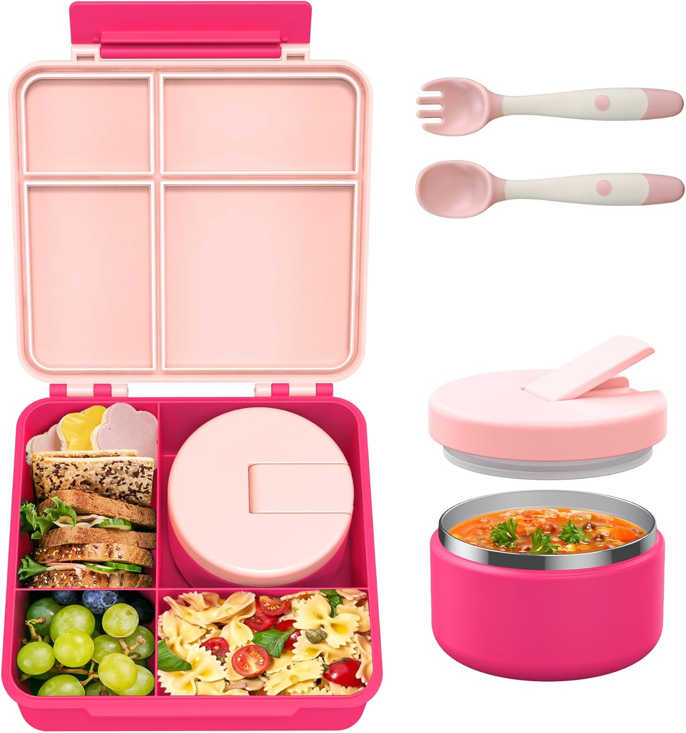 Bento Lunch Box for Kid with 7oz Soup Jar, Leak-Proof Lunch Box with Cutlery, 4-Compartments Lunch Container for School Outdoors Office