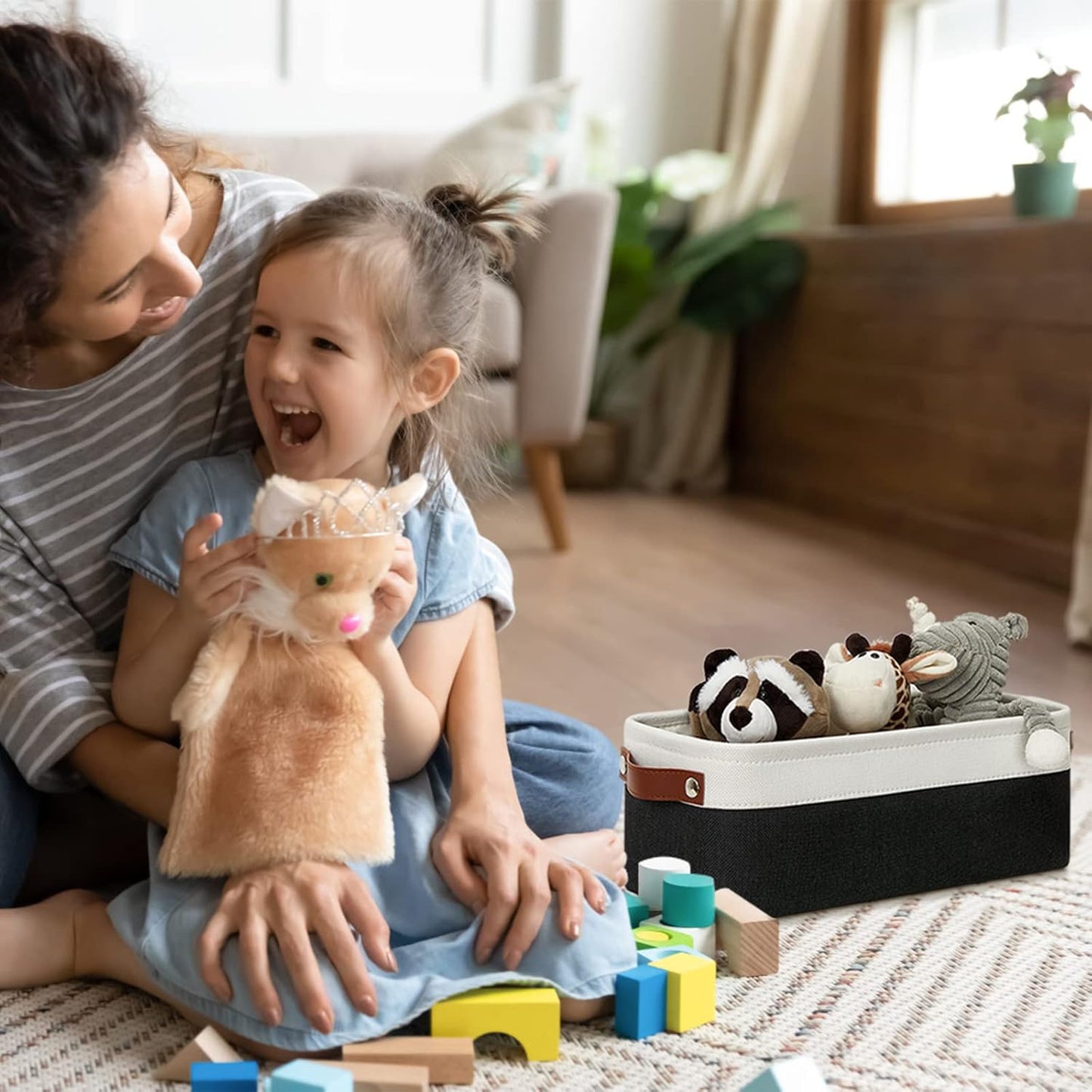 DULLEMELO Storage Baskets for Shelves, Fabric Collapsible Rectangular Storage Bins for Shelves, Closets, Nursery, Home, Office, Empty Gift Baskets (White&Teal)