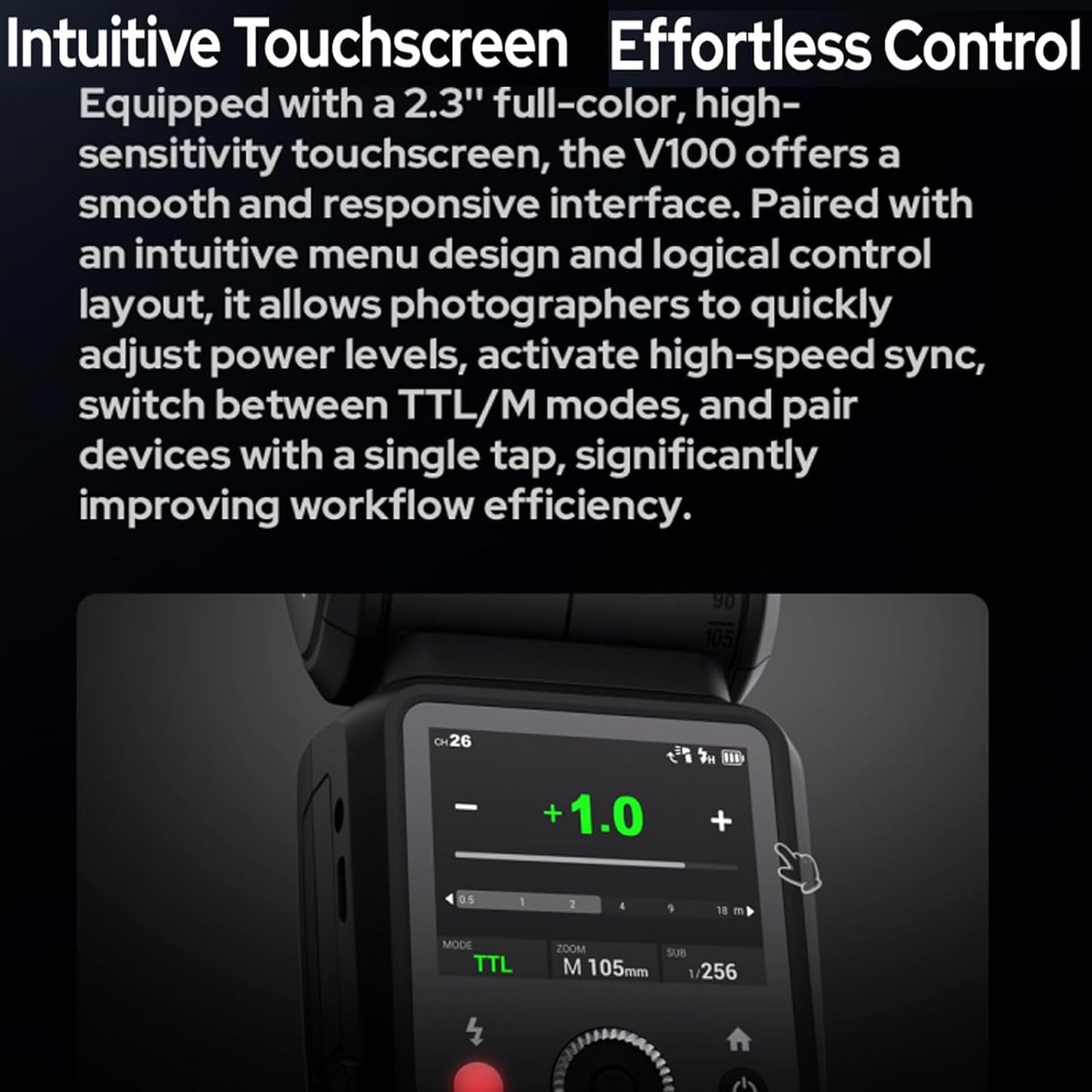 Godox V100C V100-C 100Ws TTL Flash for Canon Cameras, 400 Full Power Flashes, 1.7s Recycle Time, 2.4G Wireless with External Flash, Touchscreen Flash for Canon EOS Cameras (Godox V100C)