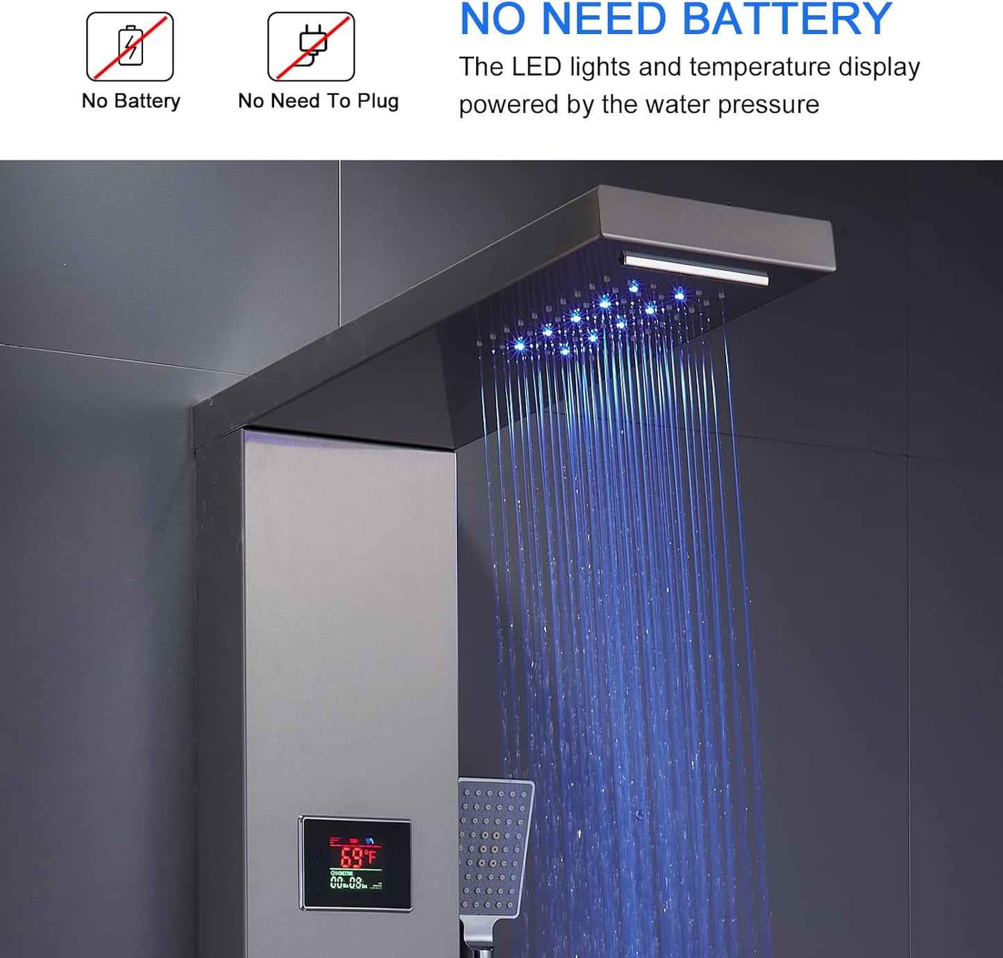 LED Shower Panel Tower System Black, MENATT 304 Stainless Steel 5-Function Shower Panel Rainfall Waterfall Shower Rain Massage System with Body Jets