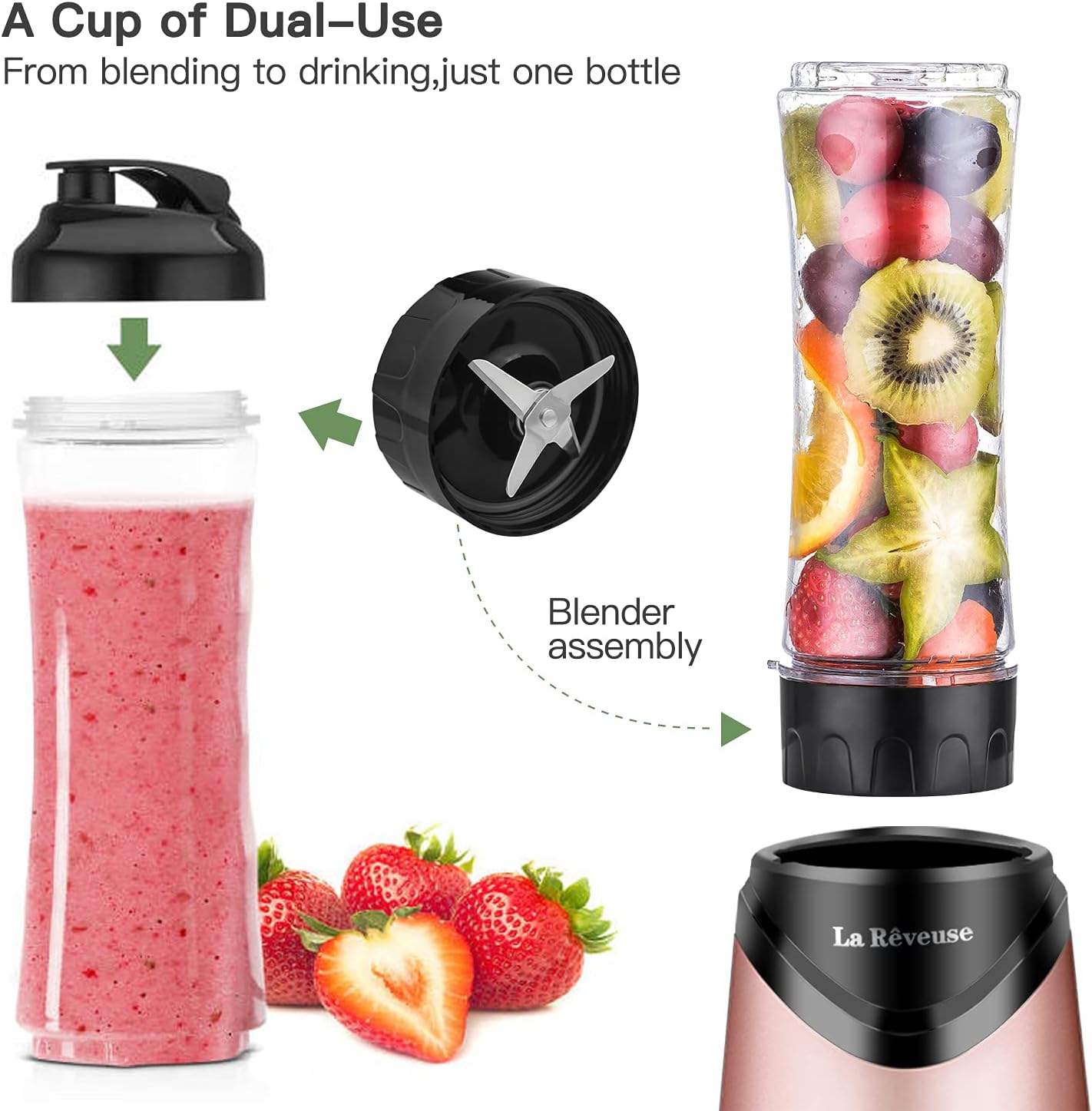 La Reveuse Smoothies Blender Personal Size 300 Watts with 2 Pieces 18 oz BPA Free Portable Travel Sports Bottles (Silver 2 Cups)