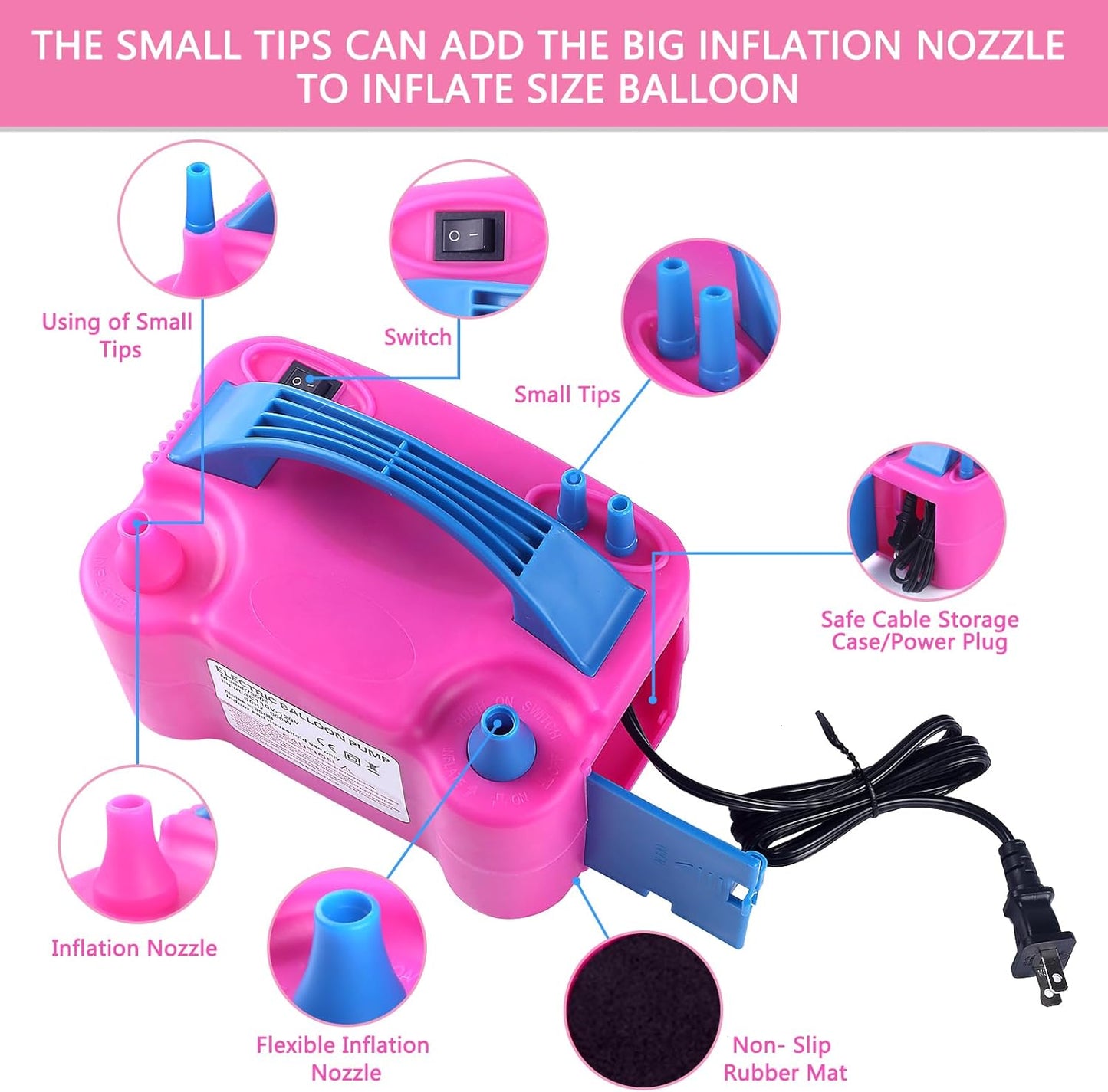 Electric Balloon Pump,Balloon Inflator, Dual Nozzle Electric Air Pump,Balloon Pump Balloons Blower 110V 600W for Party Decoration with Gifts:2 Balloon Tying Tools (Rose red)
