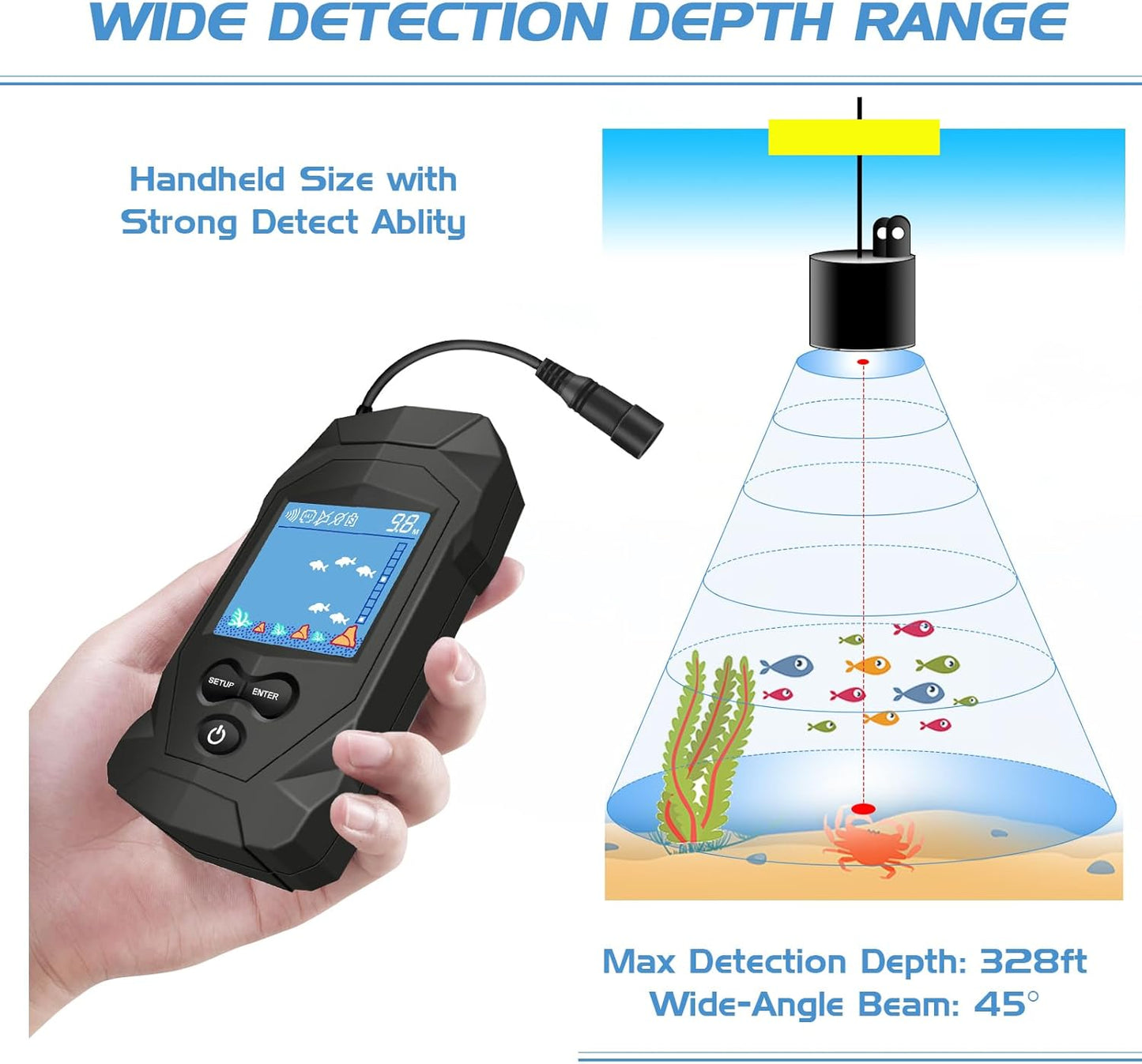 Atibin Portable Water Fish Finder Transducer Wired Handheld Depth Finder Sonar LCD Display Fish Finders Kayak FF068