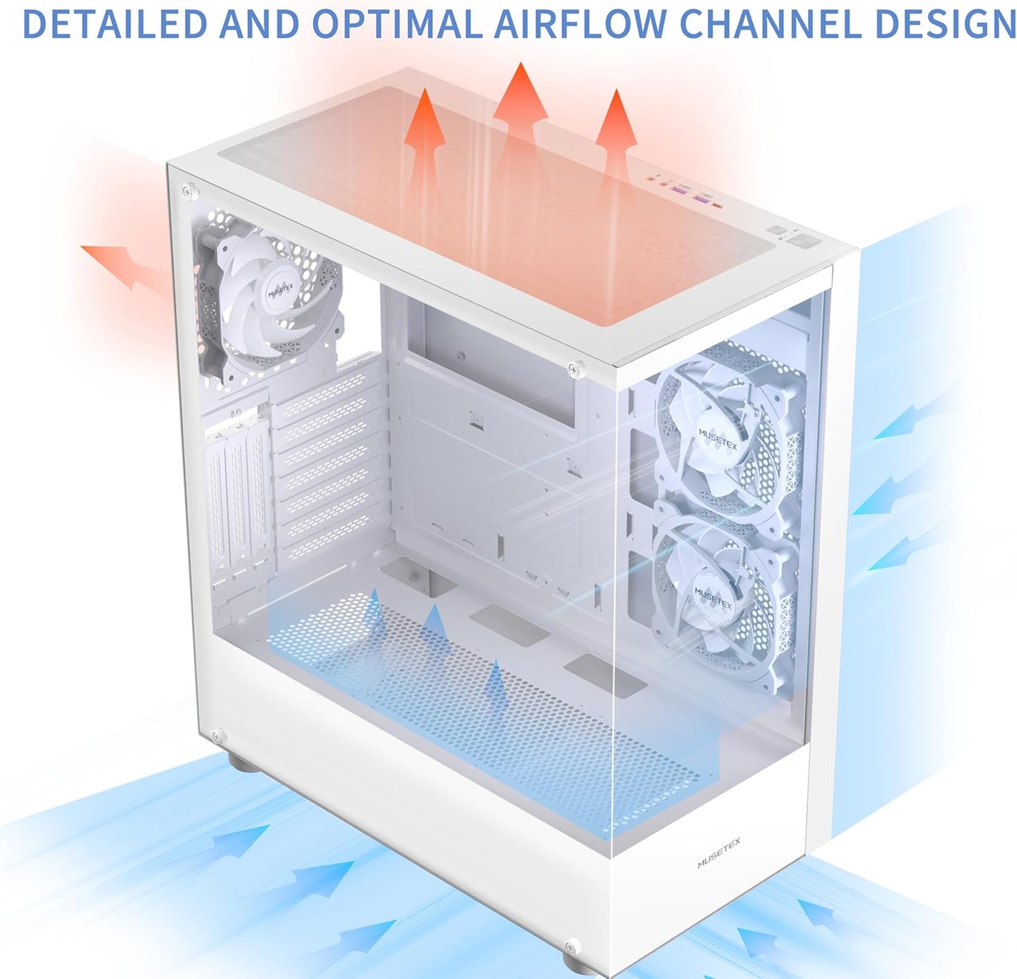 MUSETEX PC CASE ATX 3 Non-LED Fans Pre-Installed, Type-C Mid Tower Computer Case with Full View Dual Tempered Glass, Gaming PC Case,White(K2)