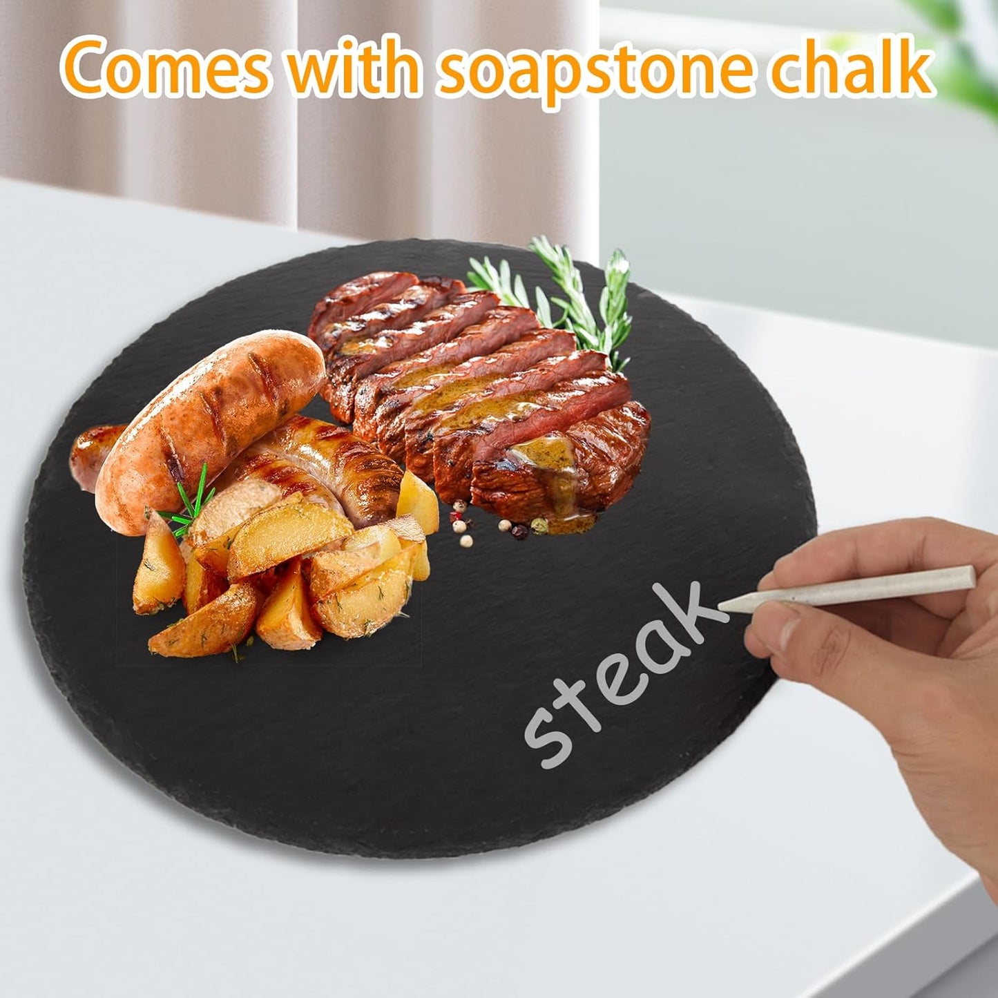 4 Pcs 11 x 11 Inch Round Slate Cheese Boards Black Stone Plates Charcuterie Boards Serving Tray Display Chalkboard with Soapstone Chalk Platter Display Chalkboard for Meats Appetizers Dried Fruits