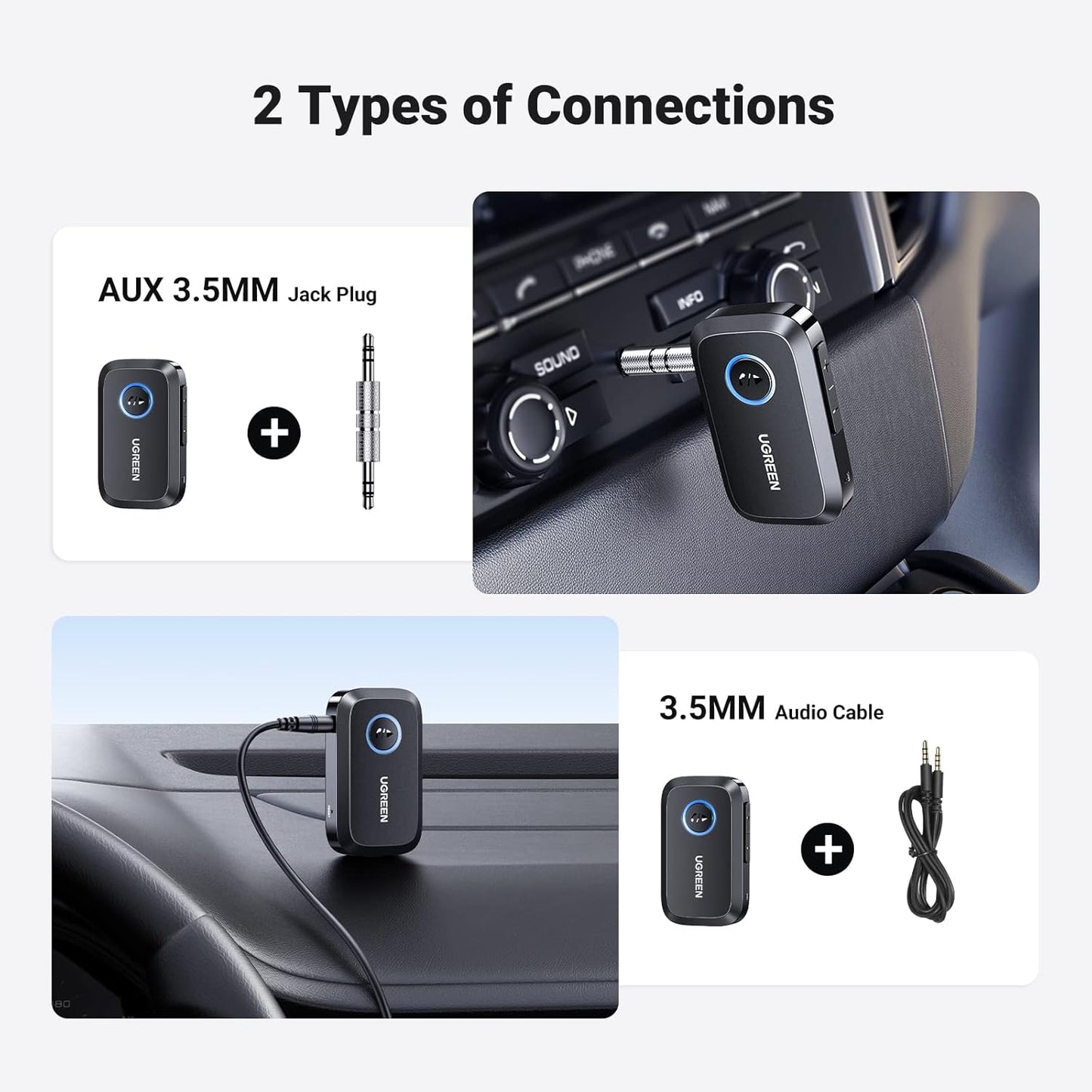 UGREEN Bluetooth 5.3 Receiver for Car, Aux to Bluetooth Adapter 3.5mm Jack, Crystal Clear Sound, Built-in Mic for Hands-Free Calls, 15H Battery Life, Compatible with Car Speaker Home Stereo Amplifier