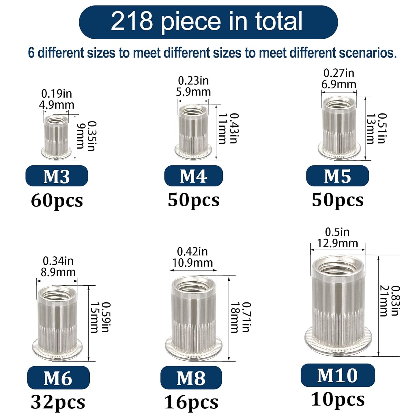 Vifmy Metric & SAE Rivet Nut Assortment Kit(420 Pcs),m3 m4 m5 m6 m8 m10 m12#6-32#8-32#10-24 1/4"-20 5/16"-18 3/8"-16 UNC Flat Head Rivnut Set,Zinc Plated Finish Carbon Steel Nutsert