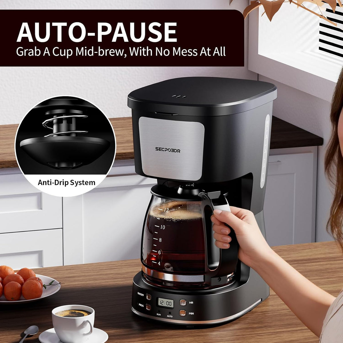 Programmable 12 Cup Drip Coffee Maker, Silver, Stainless Steel | Auto Brew, Keep Warm Function, Removable Filter Basket, Auto Shut-off, Clear Water Level Window,Two-Tone Silver & Black