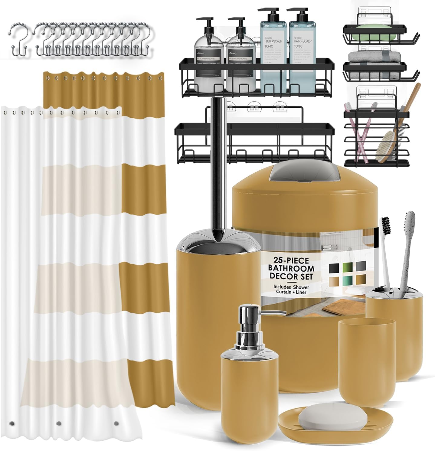 Clara Clark Bathroom Set - Gray Bathroom Accessories Set, Bathroom Sets with Shower Curtain and Rugs, 23PC Shower Curtain Set with Liner, Soap Dispenser, Soap Dish, Toilet Brush Holder, and Trash Can