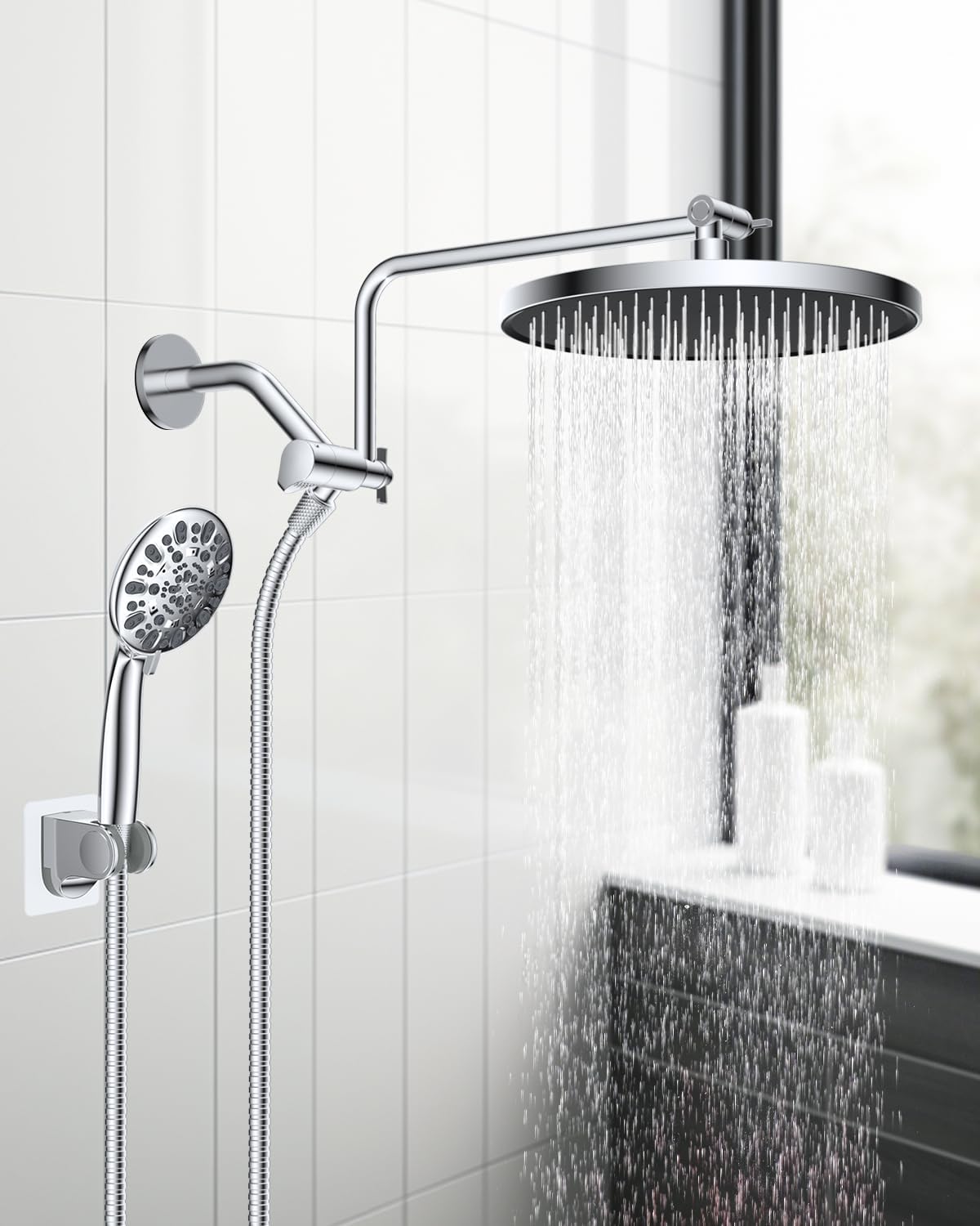 Metal Thickness Shower Head, 10'' High Pressure Rainfall Shower Head/Handheld Showerhead Combo with 12'' Adjustable Shower Extension Arm, 7-Spray, 71'' Hose, Showerhead Holder, Matte Black