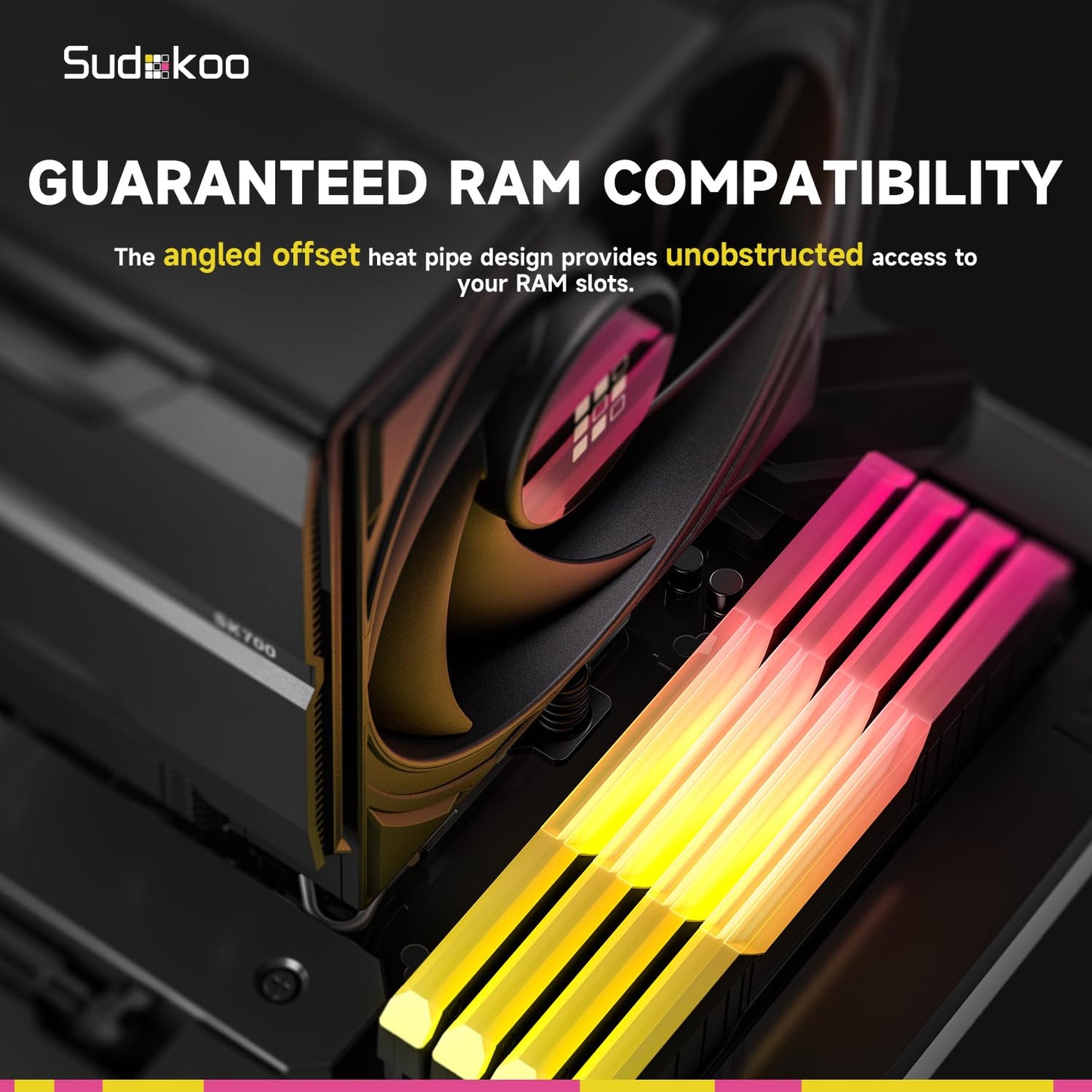 Sudokoo SK700V AM5 CPU Cooler, AM5 Exclusive, Digital Display, 7 Heatpipes CPU Air Cooler, Single Tower, 120mm FDB PWM Fan, Full RAM Freedom, L-Rail Lock Mount, 5 Years Warranty, Black, PC Cooler