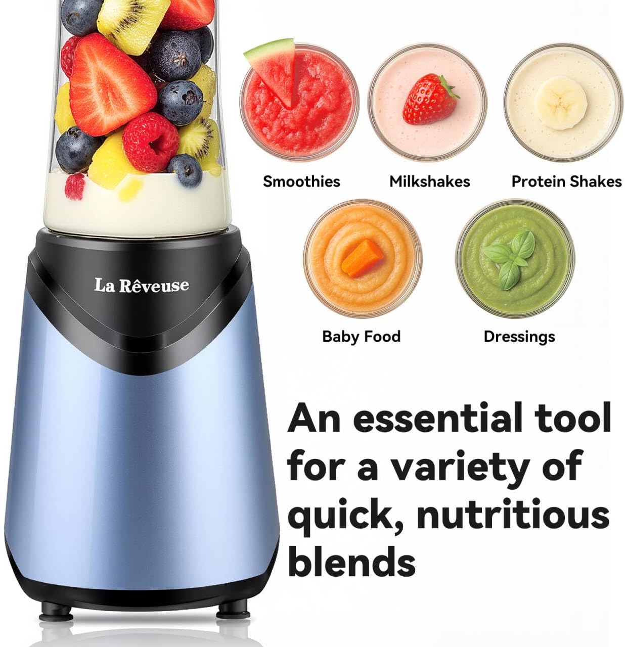 La Reveuse Smoothies Blender Personal Size 300 Watts with 2 Pieces 18 oz BPA Free Portable Travel Sports Bottles (Silver 2 Cups)