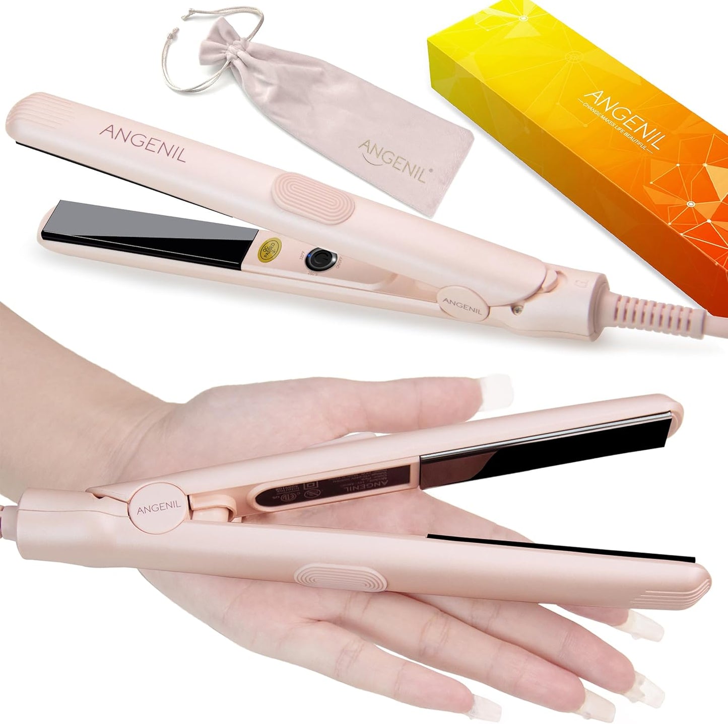 ANGENIL Pro Titanium Flat Iron Hair Straightener, Dual Voltage Straightening and Curling Iron in One, 15s Fast Heating, Negative Ion Round Pink Hair Straightener with Heat Resistant Silicone Mat Pad