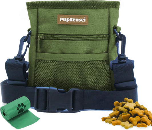 PupSensei Dog Treat Pouch, Durable Oxford Polyester, No-Spill Magnetic Closure, Treat Pouches for Pet Training with Metal Clip, Waist Belt, Adjustable Strap, Poop Bag Dispenser (Army Green)