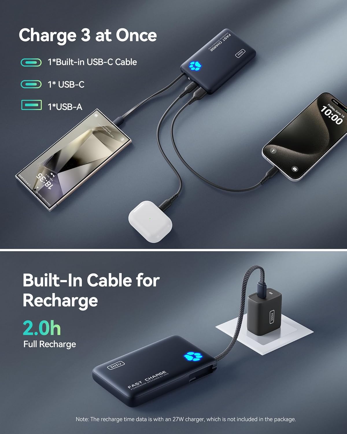 INIU Portable Charger, Slim 10000mAh Power Bank with Build in USB-C Cable, 20W Fast Charging Powerbank with Cords Wires, Travel Essentials Battery Pack for Multi Smartphones Tablets, Yellow
