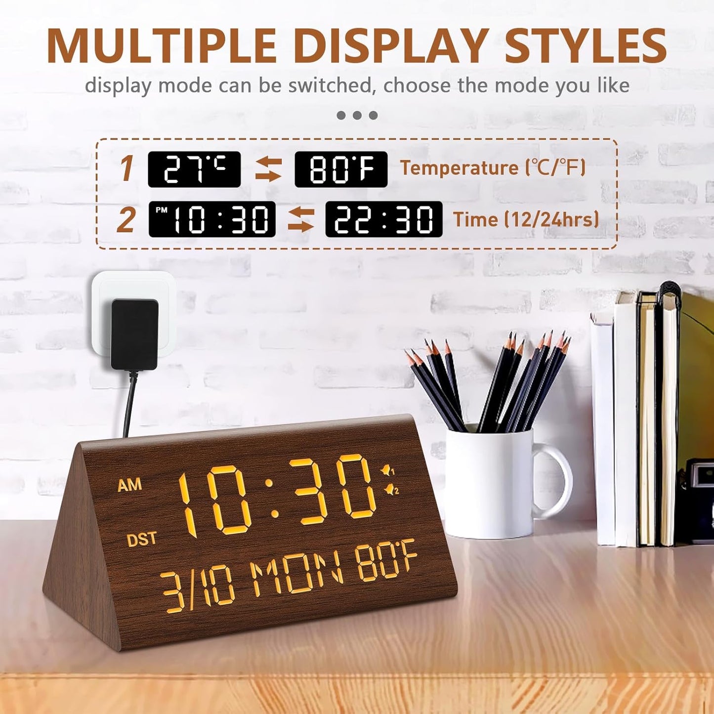 Kogonee Wooden Digital Alarm Clock, 0-100% Dimmer, 2 Alarm Settings, Weekday/Everyday Mode, 9 Mins Snooze, 12/24H, Temperature and Date Display for Office, Travel, Bedroom Alarm Clock (White)