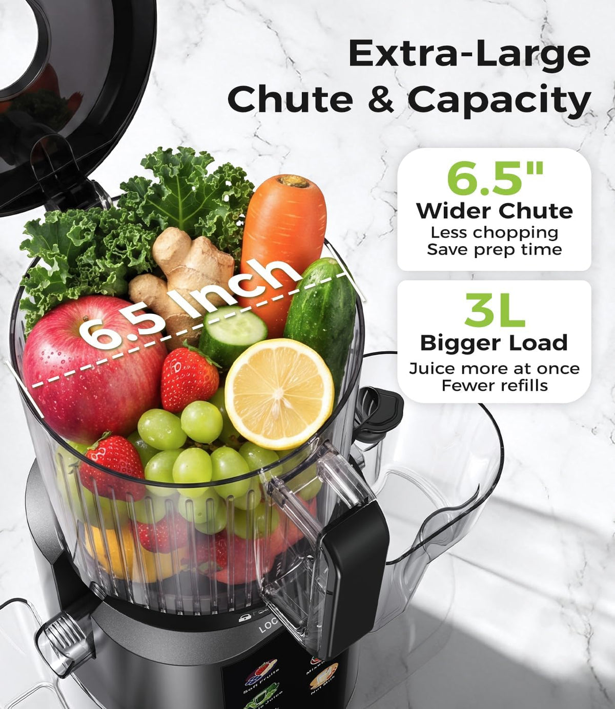 ONELIVE Cold Press Juicer Machine, 6.5" Wide Chute, 3L, Easy to Clean Smart Presets for Fruits, Veggies, Sorbet & Nut Milk, All-in-One Strainer, More Juice, Drier Pulp, Easier Use and Cleanup