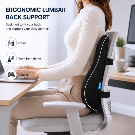 QUTOOL Lumbar Support Pillow for Office Chair, High-Density Memory Foam Back Cushion with Dual Adjustable Straps, Breathable 3D Mesh Cover, Ergonomic Back Support for Everyday Sitting