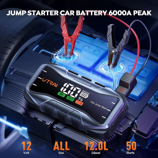 UTRAI Car Battery Booster Jump Starter, 6000A Battery Booster Pack (up to All 12V Gas or 12L Diesel), 65W Fast Charge, DC160W, 12V Car Jump Starter with LED Light, Jumper Cables, Storage Case