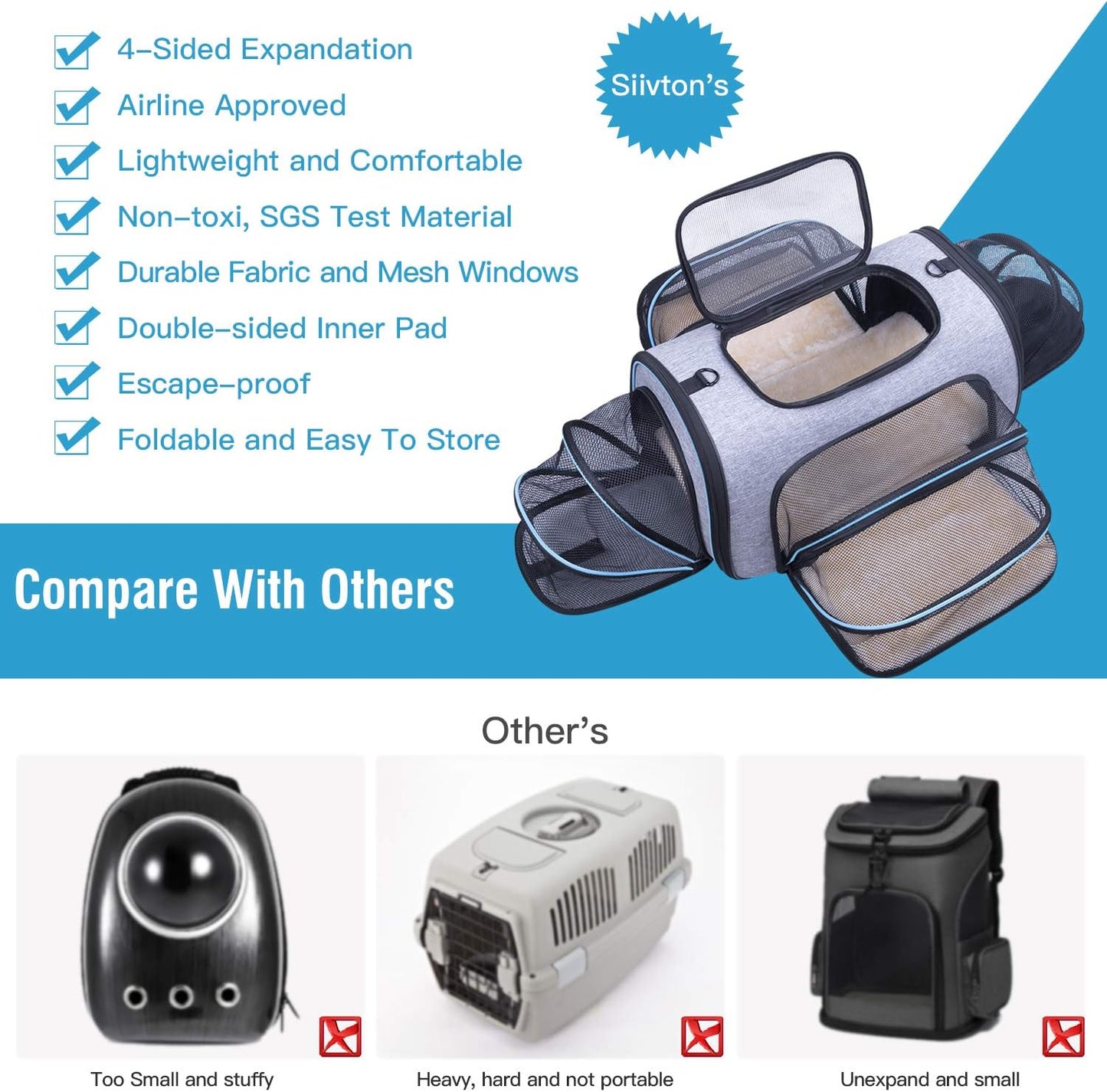 Siivton Cat Carrier,4 Sided Expandable Pet Carrier for Travel,Collapsible Soft-Sided Carriers with Removable Fleece Pad and Shoulder Straps,Airline Approved(17.5"x 11"x 11")