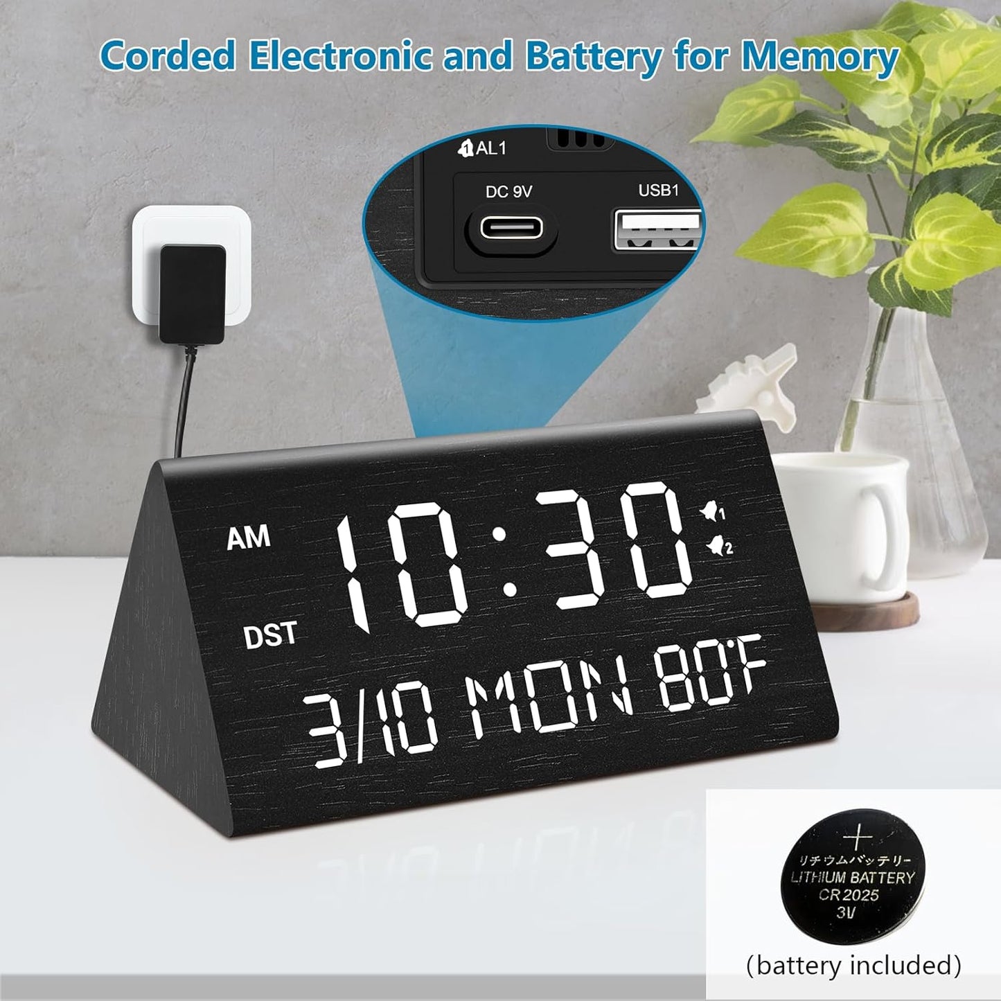 Kogonee Wooden Digital Alarm Clock, 0-100% Dimmer, 2 Alarm Settings, Weekday/Everyday Mode, 9 Mins Snooze, 12/24H, Temperature and Date Display for Office, Travel, Bedroom Alarm Clock (White)