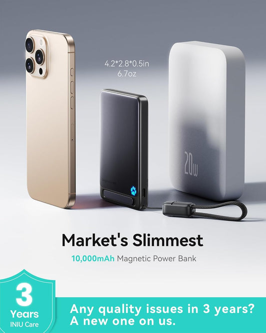 INIU Portable Charger, 10000mAh 30W Magnetic Power Bank, Metal USB C, Wireless Battery Pack with Stand, for iPhone 16/15/14/13/12