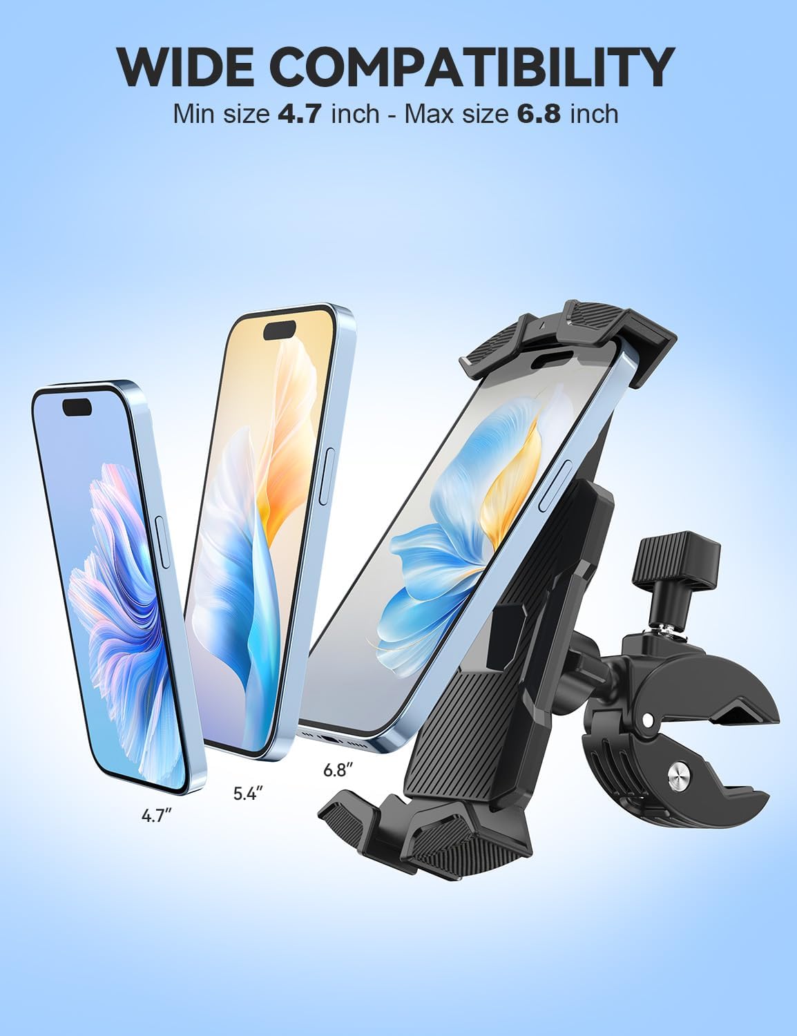 Oraolo Motorcycle Phone Mount, Bike Phone Holder, Phone Holder for Bike Scooter Handlebar, Security Lock, One-Hand Operation, 360° Rotatable Phone Mount Compatible with 4.7-6.8" Phones, 1 Pack