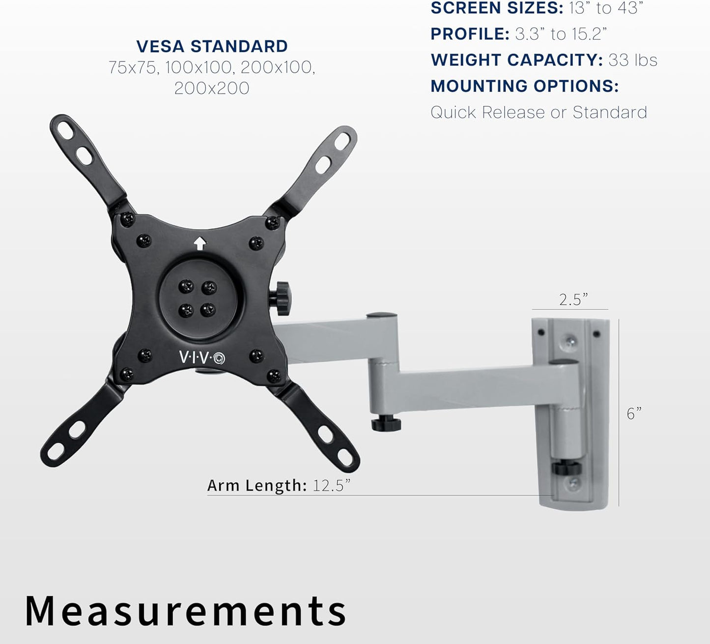 VIVO Quick Release RV TV Wall Mount for 33cm to 109cm Screens, Articulating Lockable Bracket Stand, Fits up to VESA 200x200, Black, Mount-TVQR1