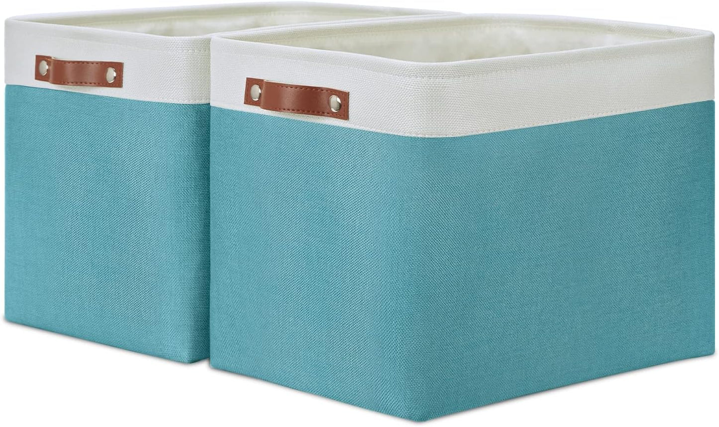 DULLEMELO Storage Baskets for Shelves, Fabric Collapsible Rectangular Storage Bins for Shelves, Closets, Nursery, Home, Office, Empty Gift Baskets (White&Teal)