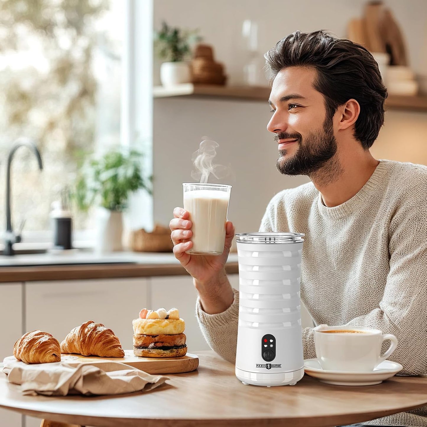 Paris Rhône Milk Frother, 4-in-1 Milk Steamer and Frother, Hot & Cold Foam Milk Warmer with Temperature Control
