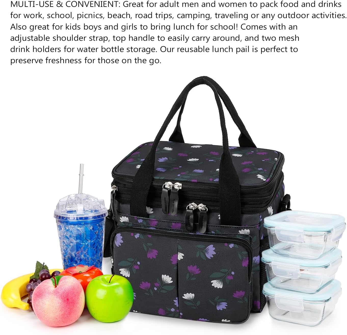 Lunch Bag Women Insulated Lunch Box for Work, Purple Expandable Large Lunch Bags, Leakproof Double Deck Lunch Box Cooler Bag(Purple)
