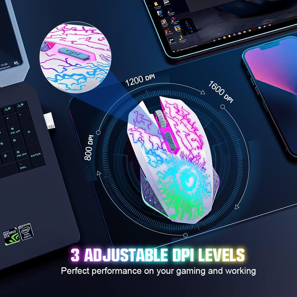 Wireless Rechargeable Gaming Mouse with Silent Click RGB Lighting 3-Level DPI 2.4G USB Receiver - PuriLite