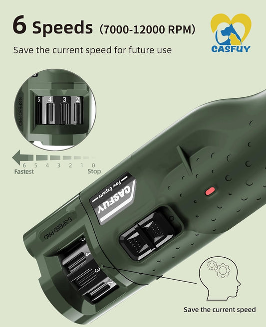 Casfuy Dog Nail Grinder Quiet - (45db) 6-Speed Pet Nail Grinder with 2 LED Lights for Large Medium Small Puppy Dogs/Cats, Professional 3 Ports Rechargeable Electric Dog Nail Trimmer with Dust Cap(AG) - PuriLite
