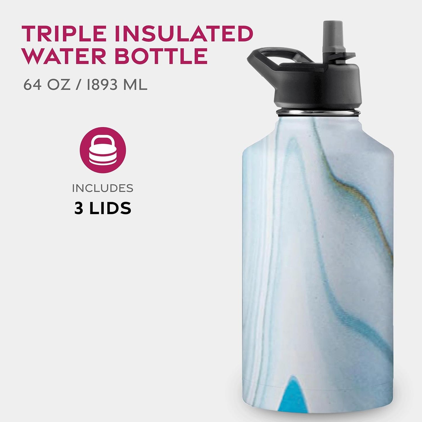 FineDine Water Bottle - Stainless Steel Insulated Water Bottle with Straw Lid, Flip Lid & Wide-Mouth Cap - Keeps Hot and Cold - 25 Oz / 739ml - Pure Pearly White