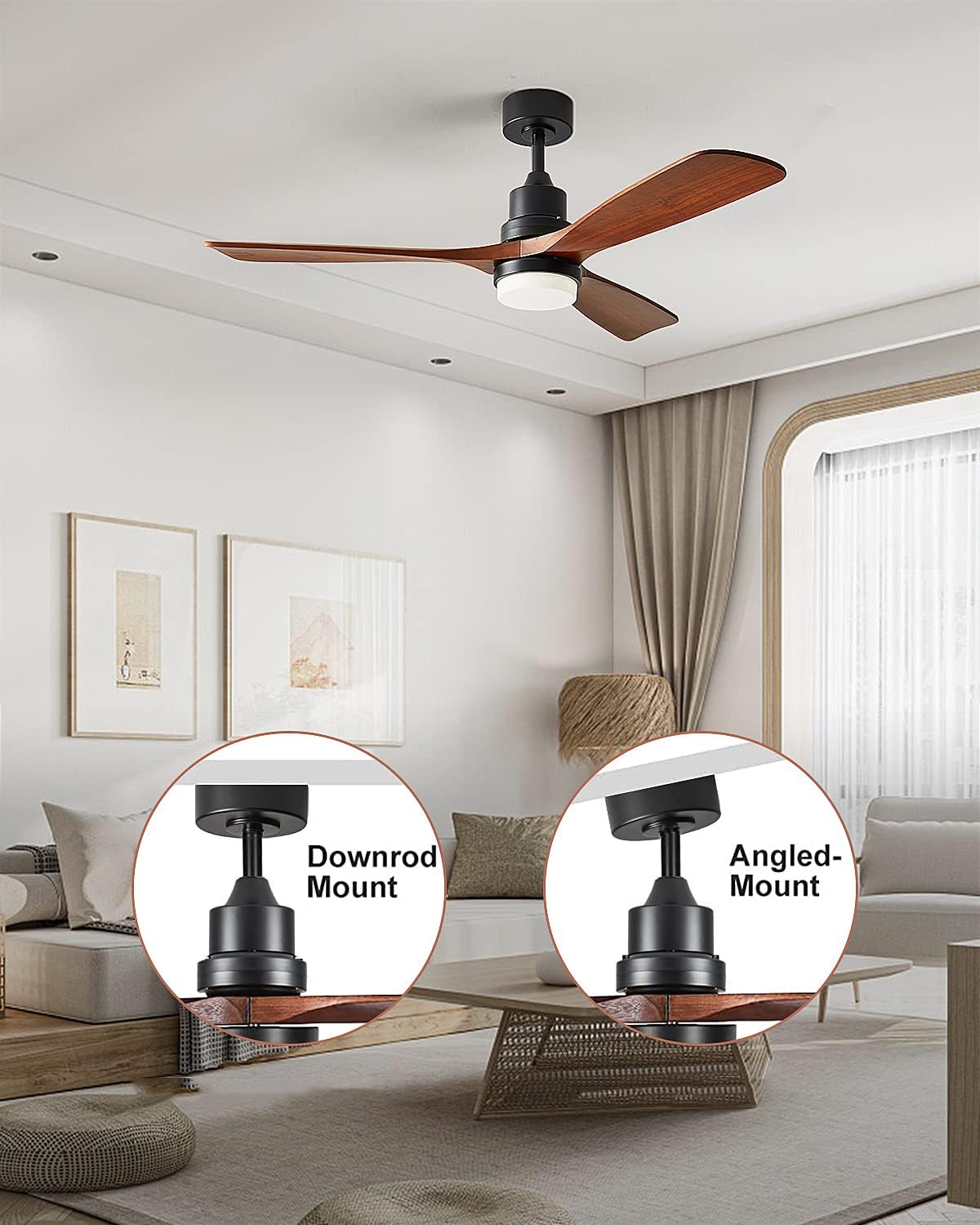 Chriari Ceiling Fans with Lights, 3 Wood Fan Blades, 52" Black Classical Style Fan with Remote Control, Noiseless Reversible DC Motor for Bedroom/Living Room/Study/Porch