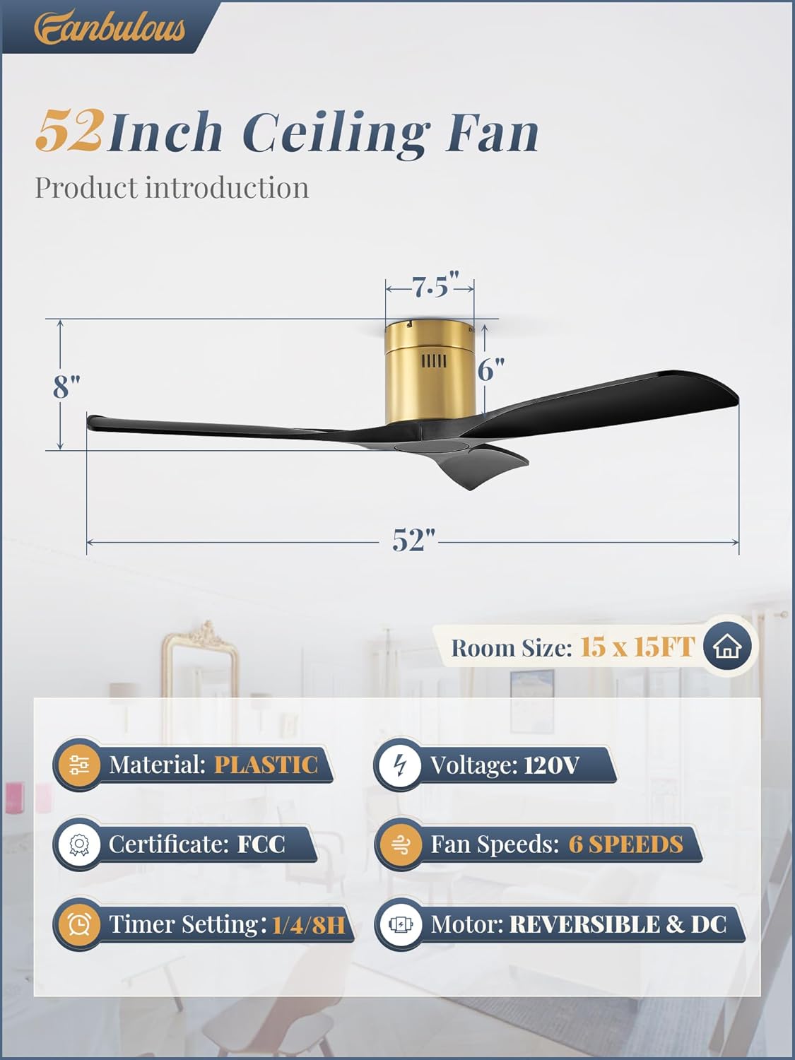 Fanbulous 52" Ceiling Fans with Lights and Remote Control,Modern Flush Mount Ceiling Fan with 3 LED Colors,Outdoor Low Profile Ceiling Fans with 6-Speeds Timer DC Motor for Bedroom Living Room Patio