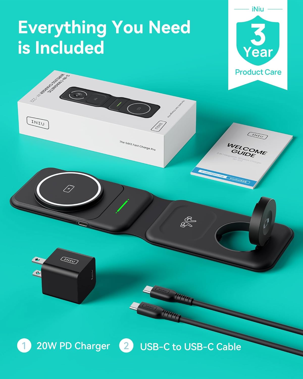 INIU 3 in 1 Wireless Charging Station, Qi2 Certified 15W Travel Charger for Apple Multiple Devices, Foldable Charger Stand for iPhone 16 15 14 13 12 Series Apple Watch AirPods (with Adapter)