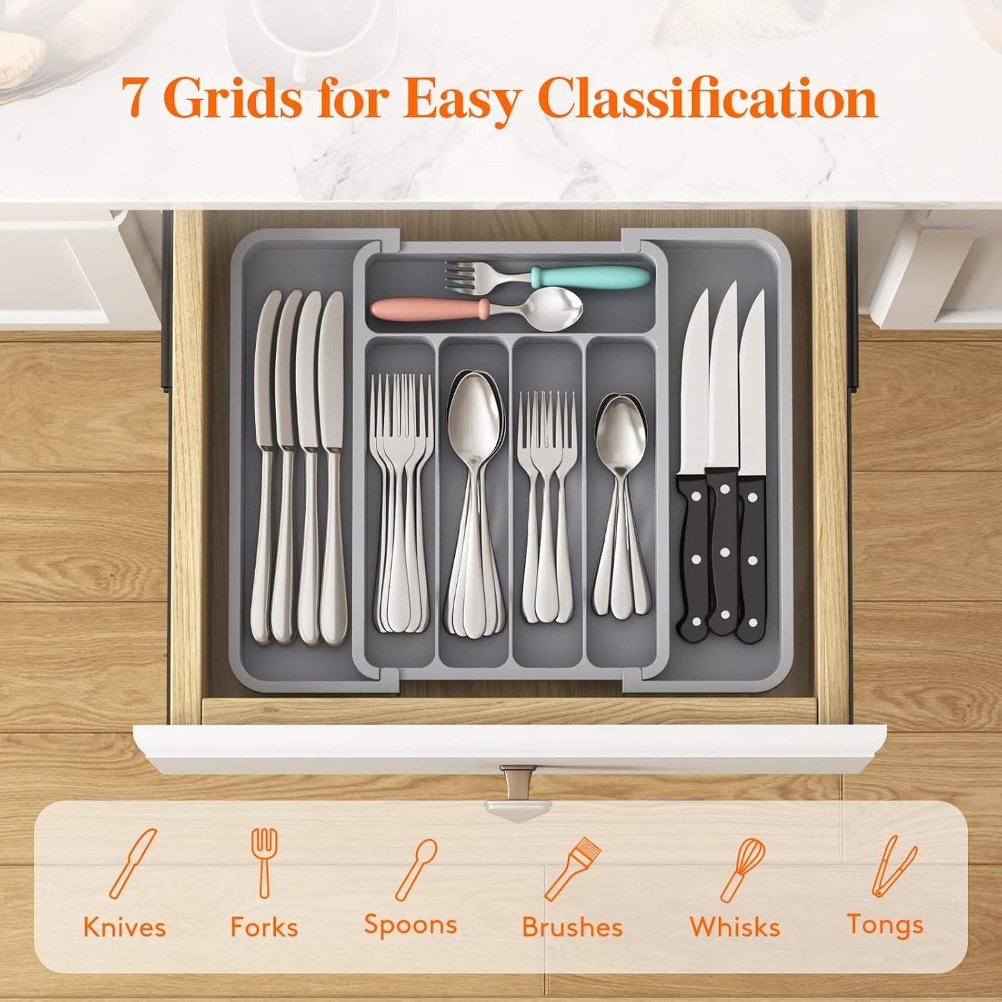 Lifewit Cutlery Organizer, Expandable Utensil Organizer for Kitchen, Utensil Holder, Adjustable Cutlery Rack Organizer for Spoons, Knives, Kitchen Organizers and Storage, Black