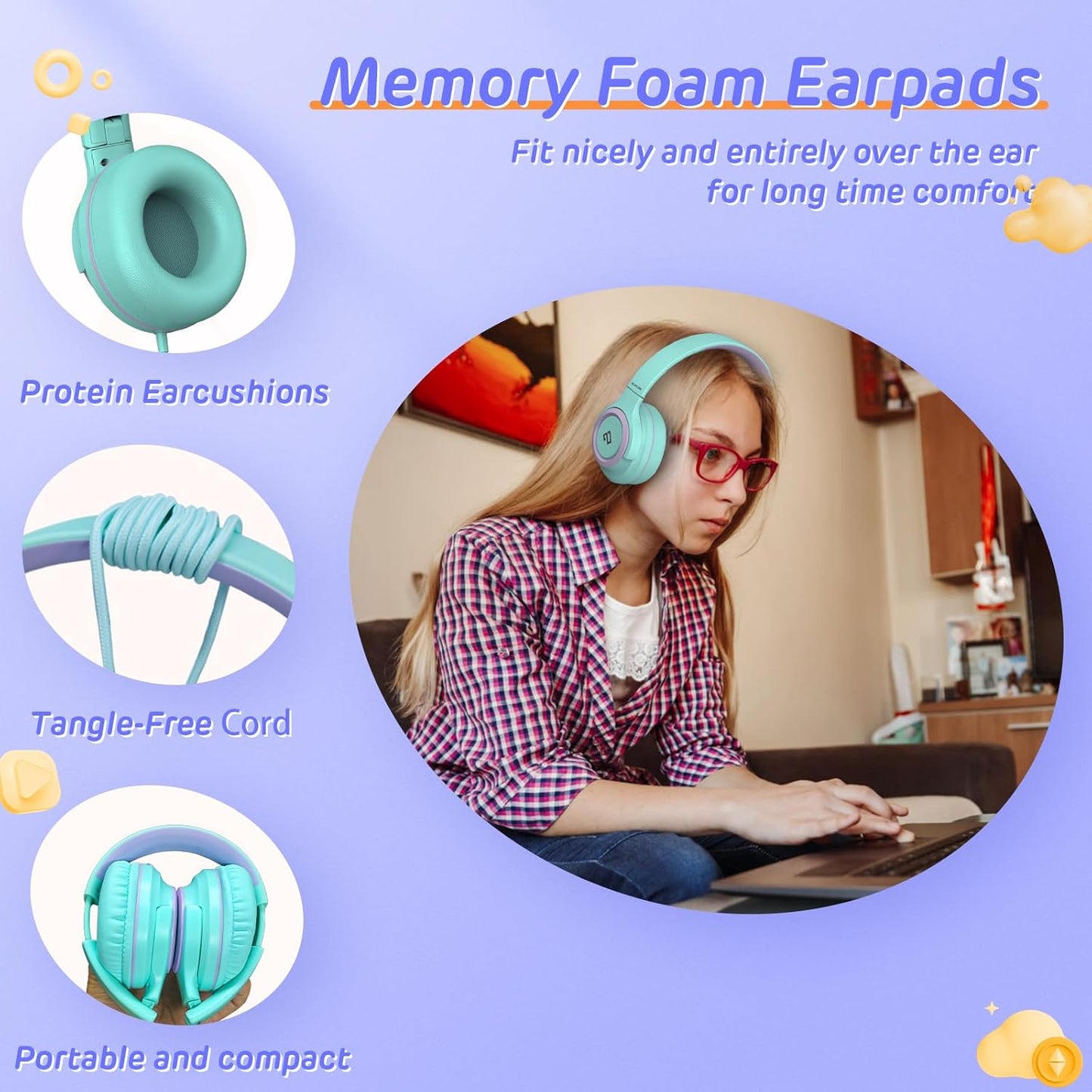INFURTURE Kids Headphones for School Travel, 94dB Safe Volume Limited, HD Mic Stereo Sound Over-Ear Girls Boys Headphones for Kid, Foldable 3.5mm and USB-C Wired Headphones for iPad Computer