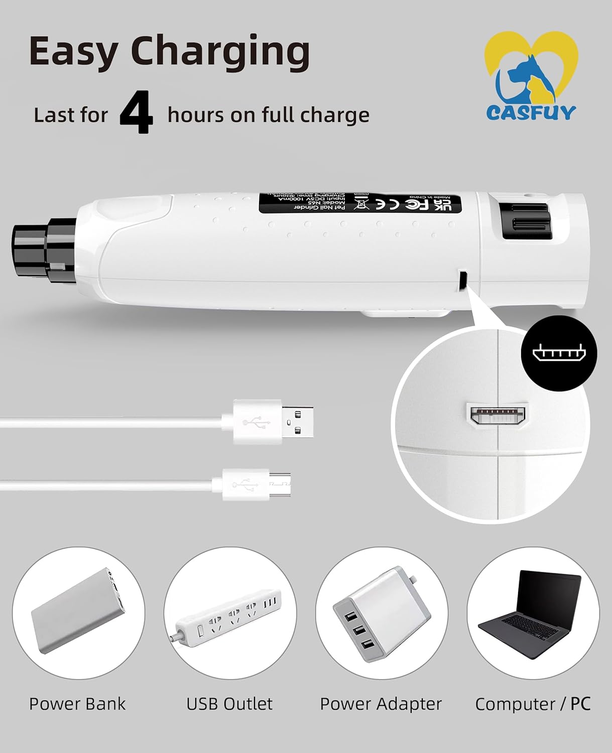 Casfuy Dog Nail Grinder Quiet - (45db)6-Speed Pet Nail Grinder with 2 LED Lights for Large Medium Small Puppy Dogs/Cats, Professional 3 Ports Rechargeable Electric Dog Nail Trimmer with Dust Cap(Blue)