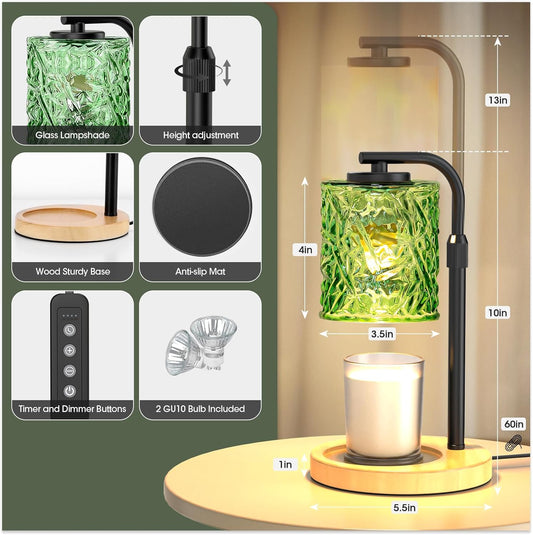 CNXIN Candle Warmer Lamp with Timer and Dimmer Dimmable Candle Lamp with Glass Lampshade Candle Warmer with Adjustable Height Wax Melt Warmer for Women Home Decor, 2 Bulbs Included