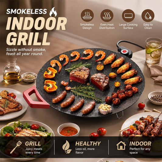 Smokeless Electric Indoor Grill | Nonstick Round Griddle with Adjustable Temperature Control