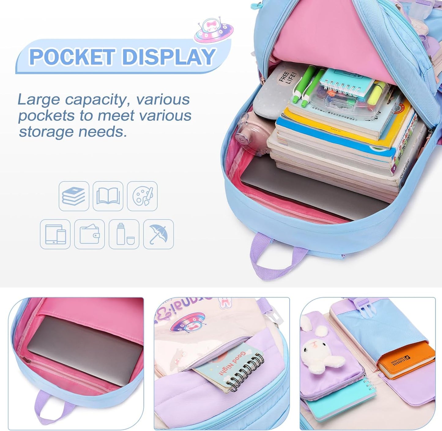 FIXITOK Girls Backpack Set, 3PCS Kids Backpack for Girls, Kawaii Bunny School Backpacks for Girl Kindergarten Elementary Preschool Middle School Bags with Lunch Box Pencil Case Aquamarine