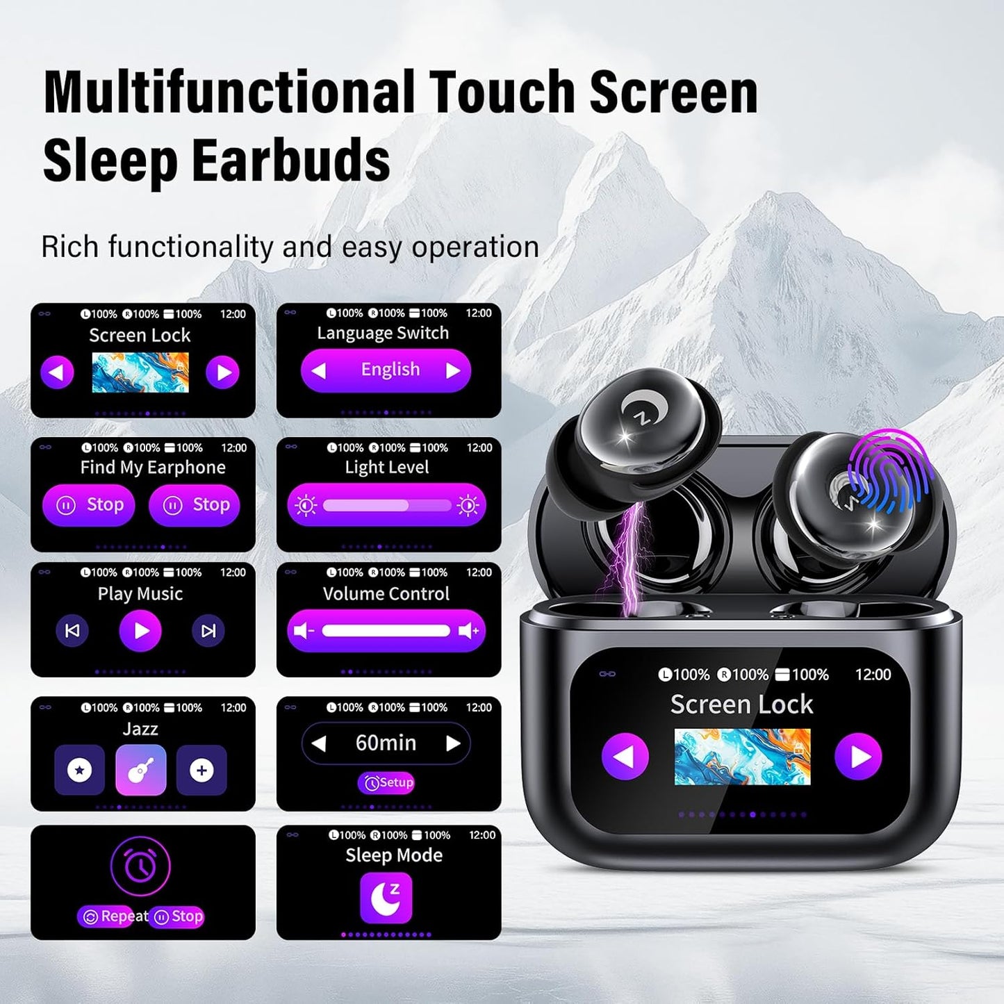 VEKJ Sleep Earbuds, Bluetooth 5.4 Mini Wireless Ear Euds with Multifunctional Touch Screen, 48H Bass Stereo Headphones with Sleep Mode/5 EQ Modes/ENC Noise Cancelling, IPX7 Earphones for iOS Android